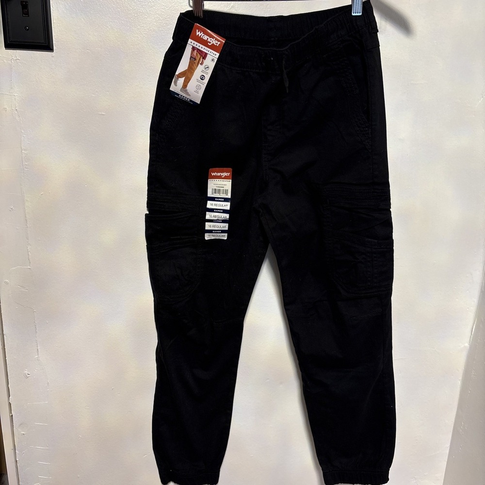 wrangle Cargo Jogger Pants Multi Pocket Drawstring Elastic Waist Casual Black